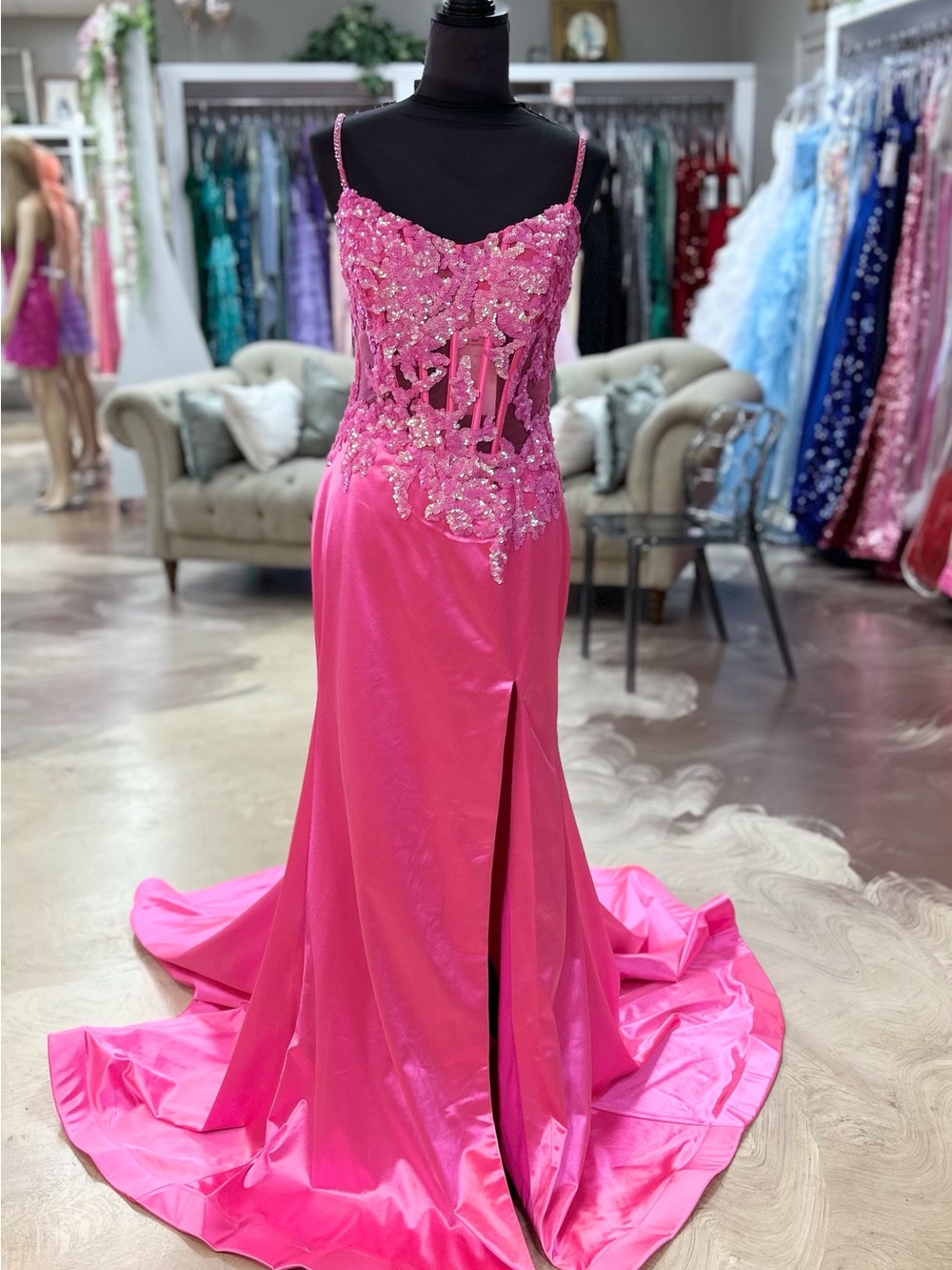 Beaded Hot Pink Prom Gown with Side Slit
